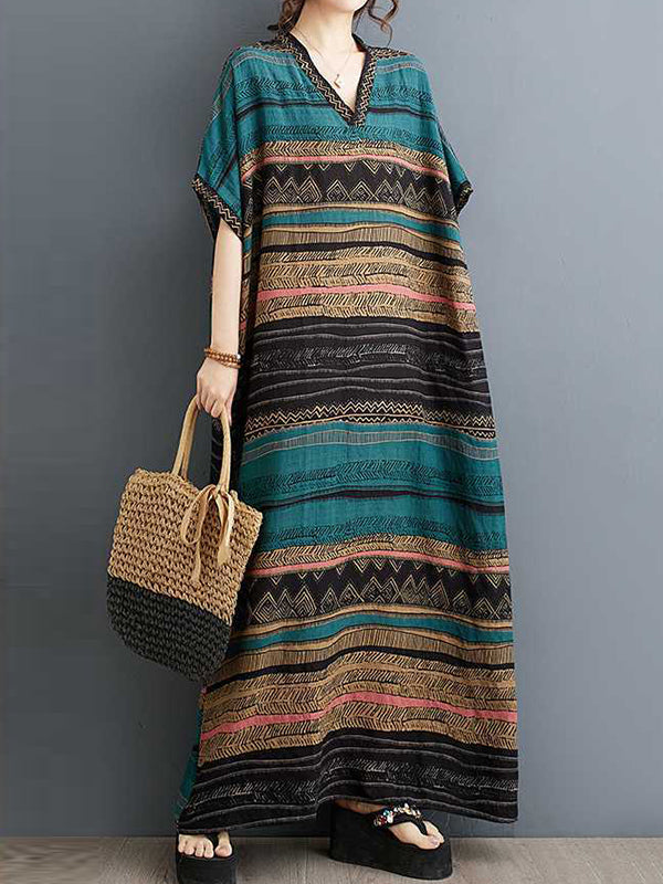 A-line Batwing Sleeves Split-joint Striped V-neck Maxi Dresses