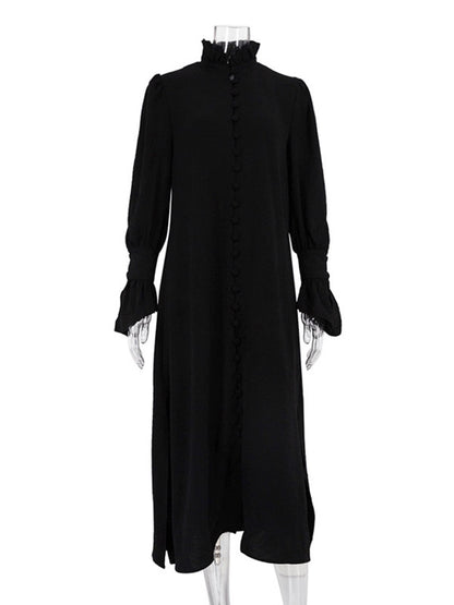 Flared Sleeves Long Sleeves Buttoned Color Split-side Stand Collar Midi Dresses Shirt Dress