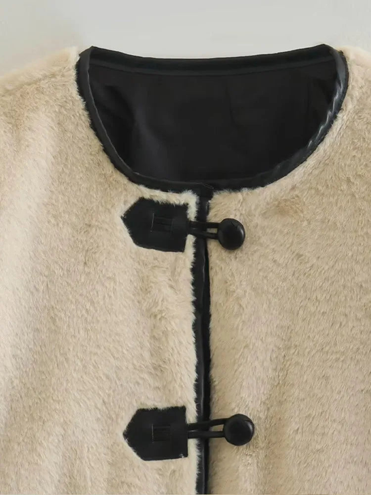 Round Neck Furry Jacket for New Autumn Winter Single Breasted Pocket Coat Female Warm Fleece Lady Outerwear