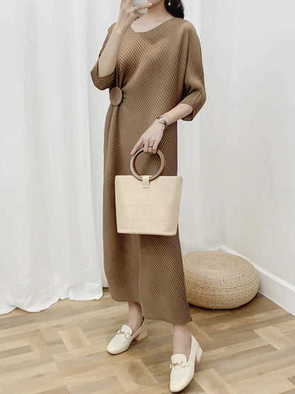 Half Sleeves Irregular Clipping Pleated Color Round-neck Midi Dresses