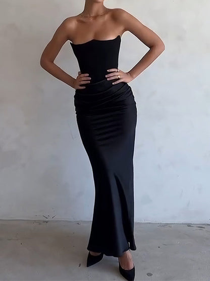 Satin Bandeau Splice Slim Maxi Dress With Corset Ruched
