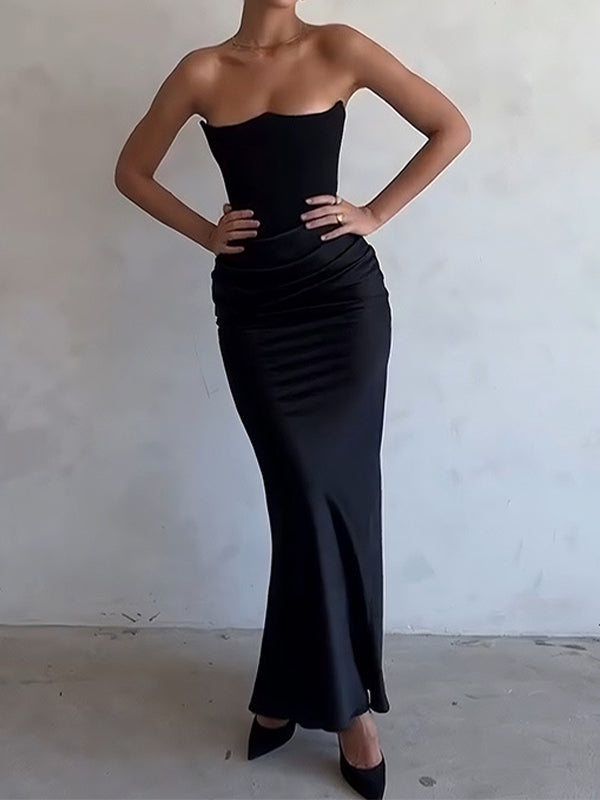 Satin Bandeau Splice Slim Maxi Dress With Corset Ruched