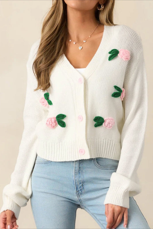 3d Flower Buttoned Knit Cardigan