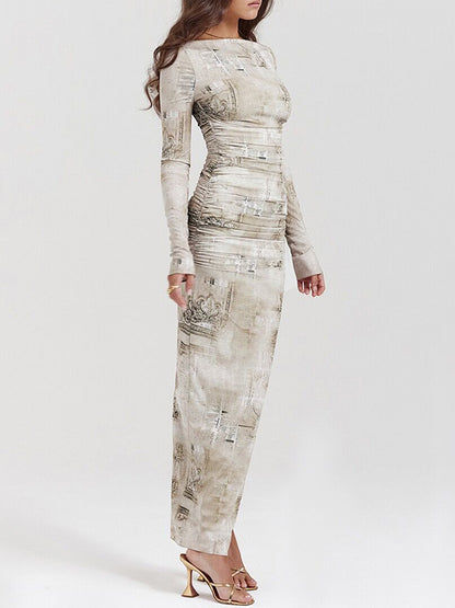 Long Sleeves Skinny Printed Split-back Split-joint Round-neck Evening Dresses Maxi Dresses
