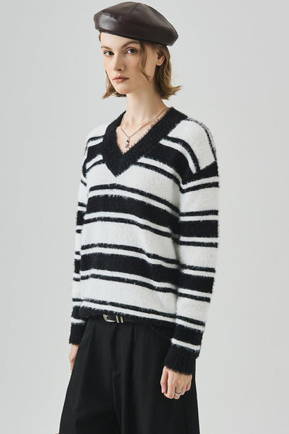 Oversized Striped V-neck Sweater
