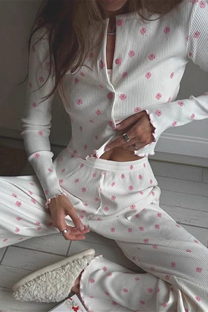 Ruffled Long Sleeve Pants Loungewear Two Piece Set