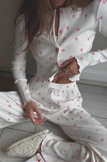 Ruffled Long Sleeve Pants Loungewear Two Piece Set