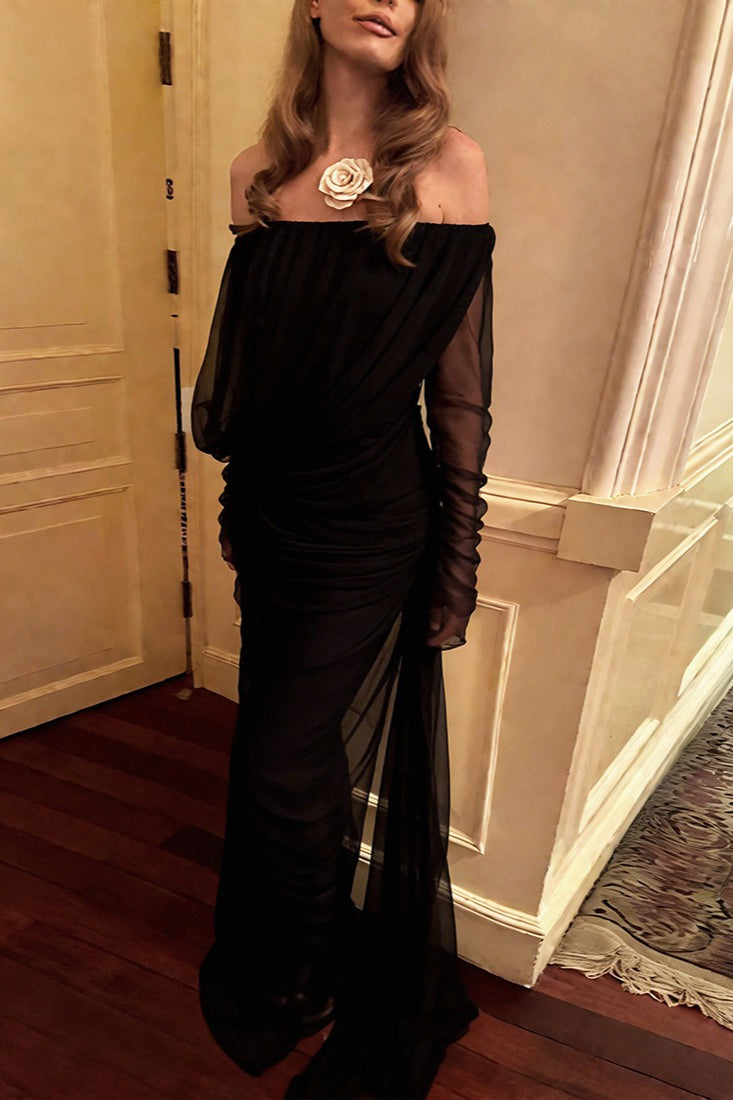 Mesh Sheer Off Shoulder Ruched Maxi Dress