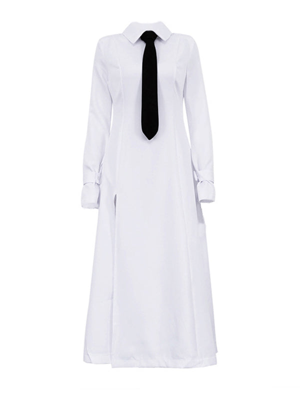 A-line Flared Sleeves Buttoned Color Split-joint Split-side Lapel Maxi Dresses Shirt Dress