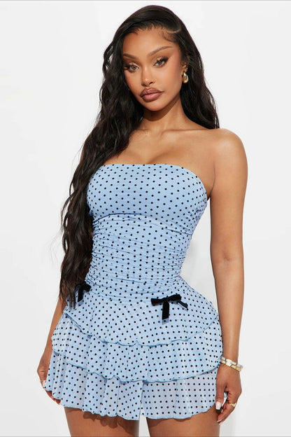 Bandeau Waist Polka Dot Mesh Bow Mini Dress