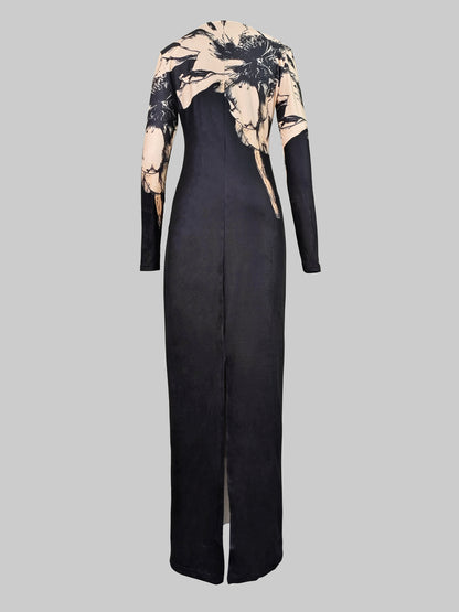 Bodycon Long Sleeves Printed Boat Neck Maxi Dresses