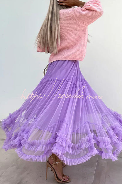 Tulle Stretch Waist Paneled Pleated Maxi Skirt