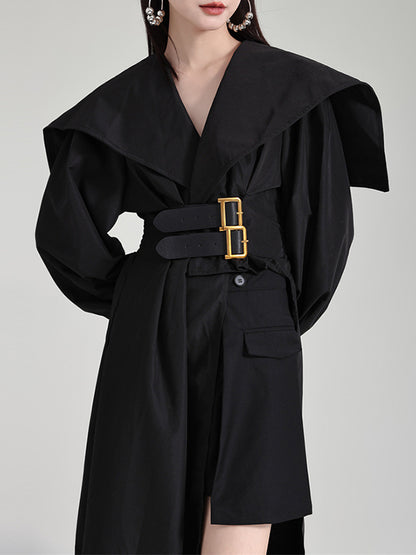 High Waisted Long Sleeves Asymmetric Belted Pleated Color Lapel Midi Dresses