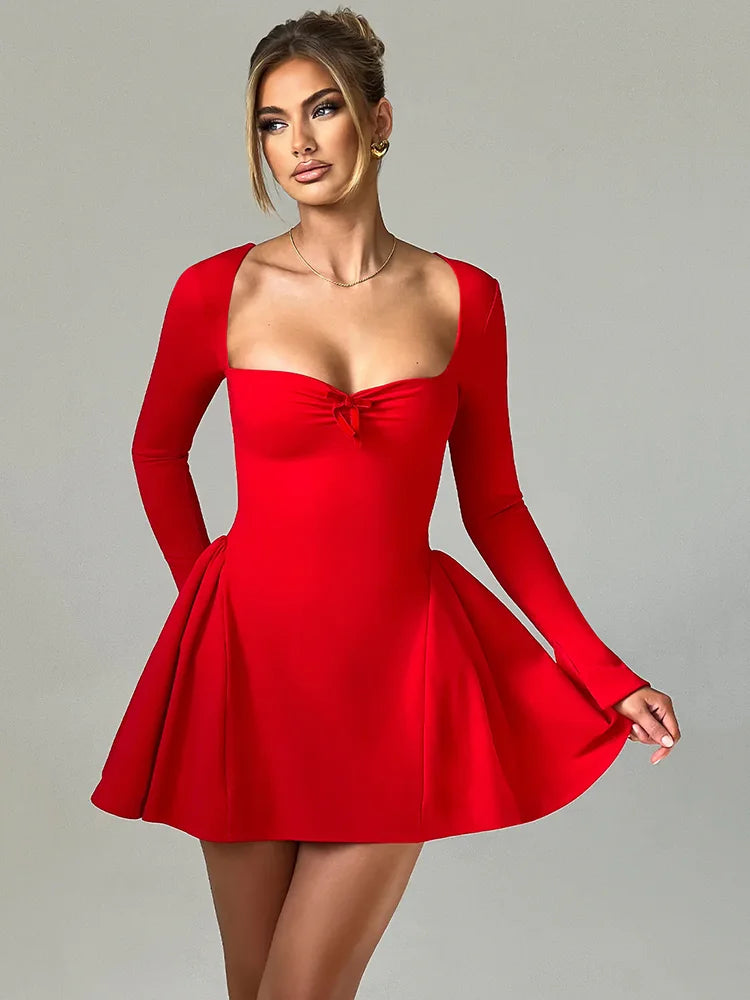 Long Sleeve A-line Mini Dress for Robe Autumn Fall Bow Square Collar Pleated Dress Dresses