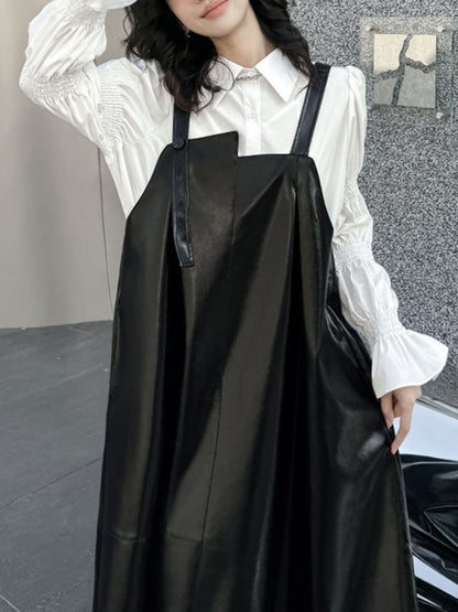 A-line Loose Asymmetric Pleated Color Split-joint Square-neck Midi Dresses Slip Dress
