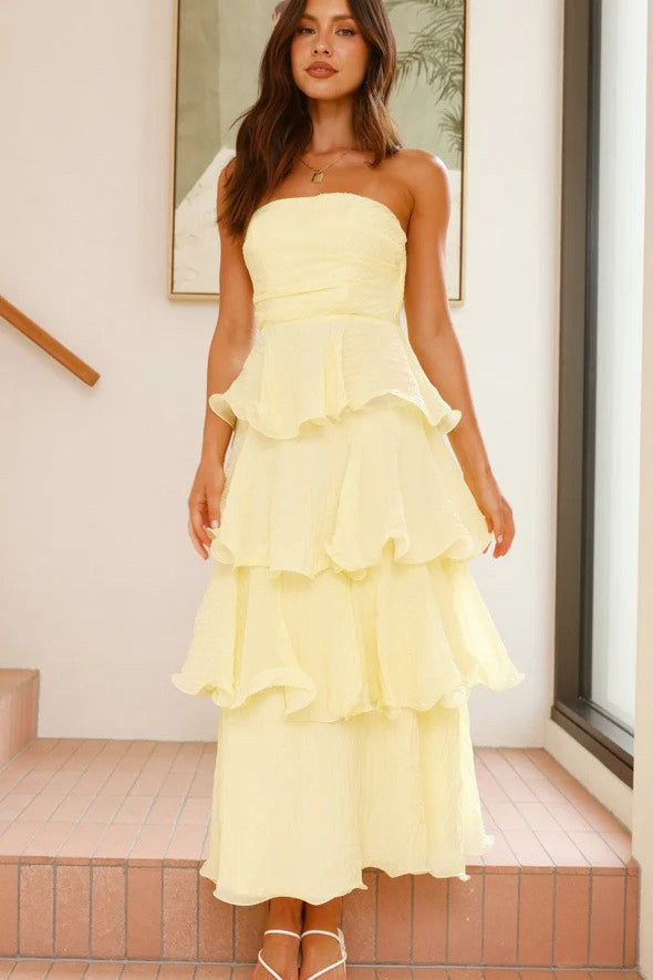 Strapless Backless Ruffle Tiered Midi Dress