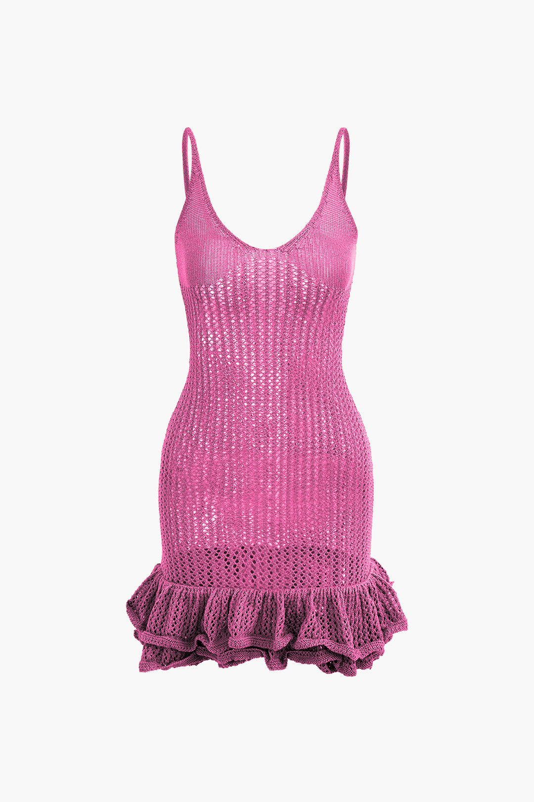 Color Open Knit Ruffle Hem Cami Mini Dress