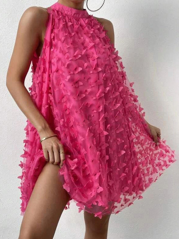 Loose Sleeveless Jacquard Pleated Color Split-joint Stand Collar Mini Dresses
