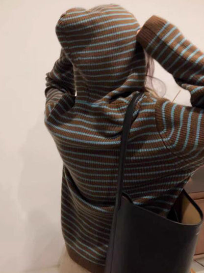 Coffee Color Hooded Stripe Lace Up Sweater