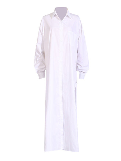 Long Sleeves Loose See-through Color Split-joint Split-side Lapel Maxi Dresses Shirt Dress