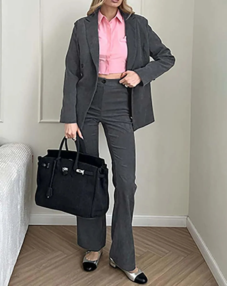 Wine Red Double Breasted Trousers Office Two Piece Set