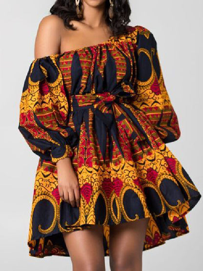 High Waisted Loose Elasticity Printed Tied Waist One-shoulder Mini Dresses