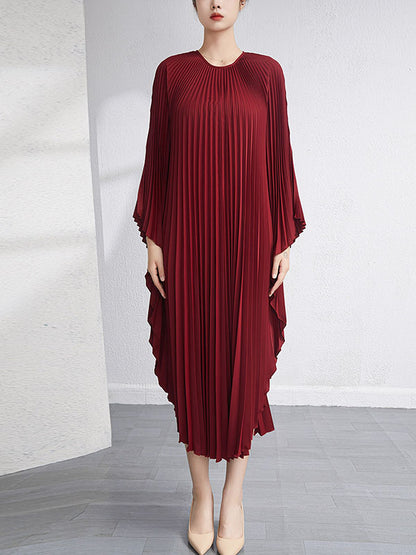 Urban Flared Batwing Sleeves Pleated Color Round-neck Midi Dresses