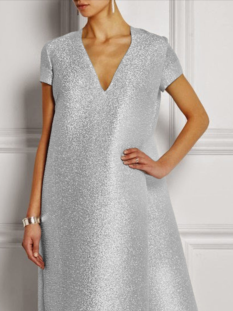 Loose Short Sleeves Shiny Color V-neck Maxi Dresses