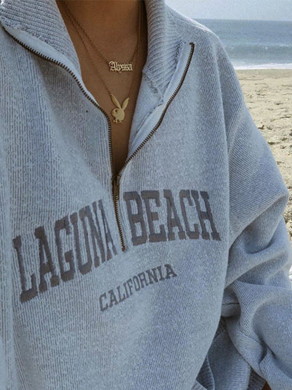 Grey Half Zip Knit Sweatshirt With Letter Embroidery