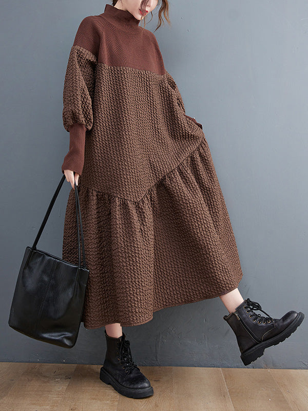 Long Sleeves Loose Split-joint Jacquard High-neck Sweater Dresses