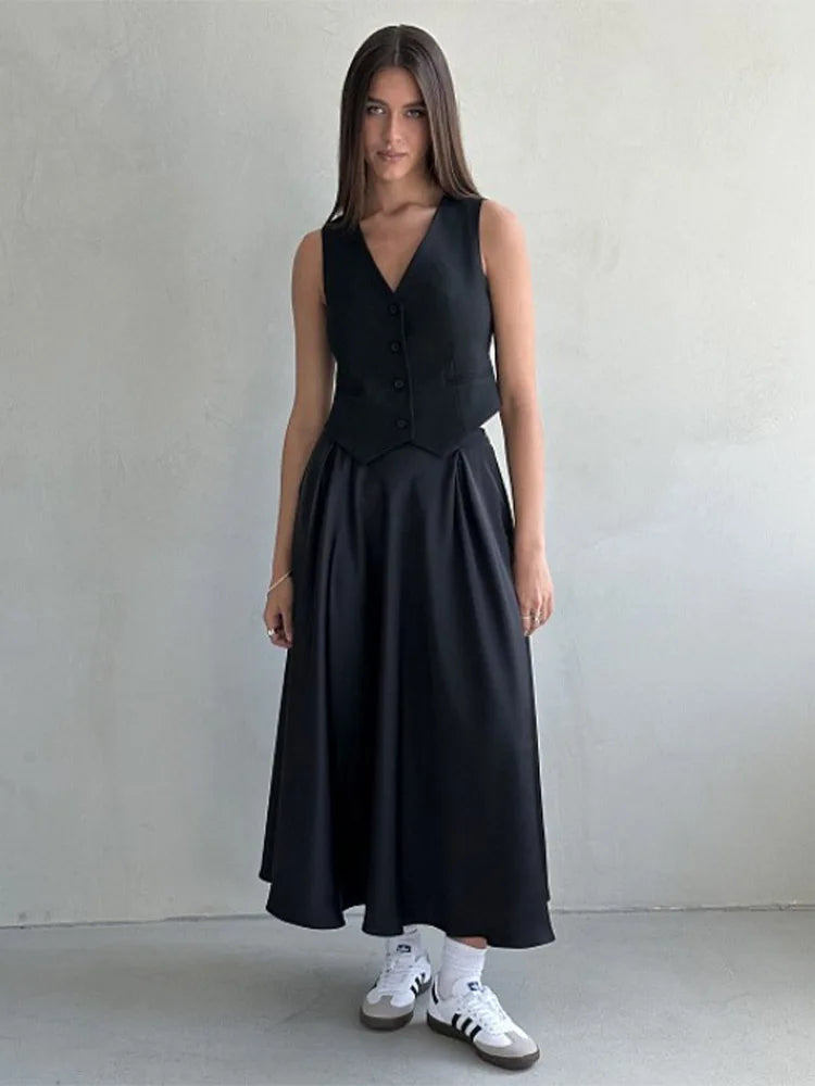 Satin Loose Skirt High Waist Maxi Skirts Classic Long Skirt Female Black Skirt