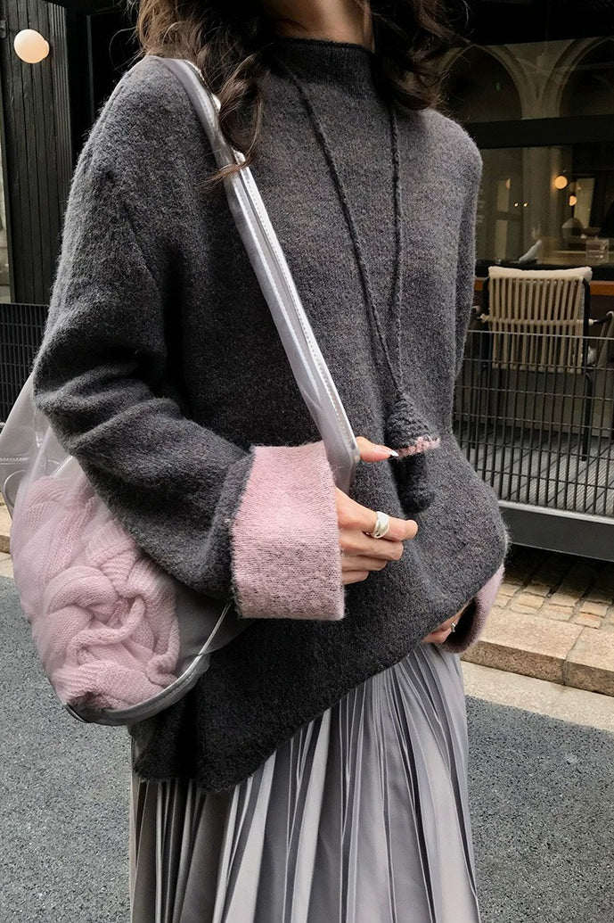Color-block Mock Neck Loose Lazy-style Knit Sweater