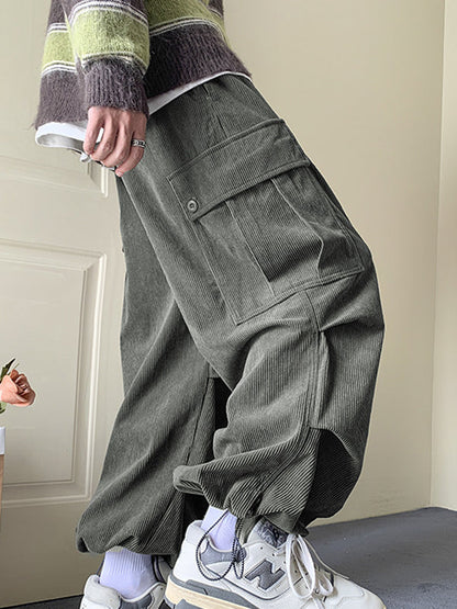 Green Corduroy Big Pocket Bound Feet Drawstring Cargo Pants
