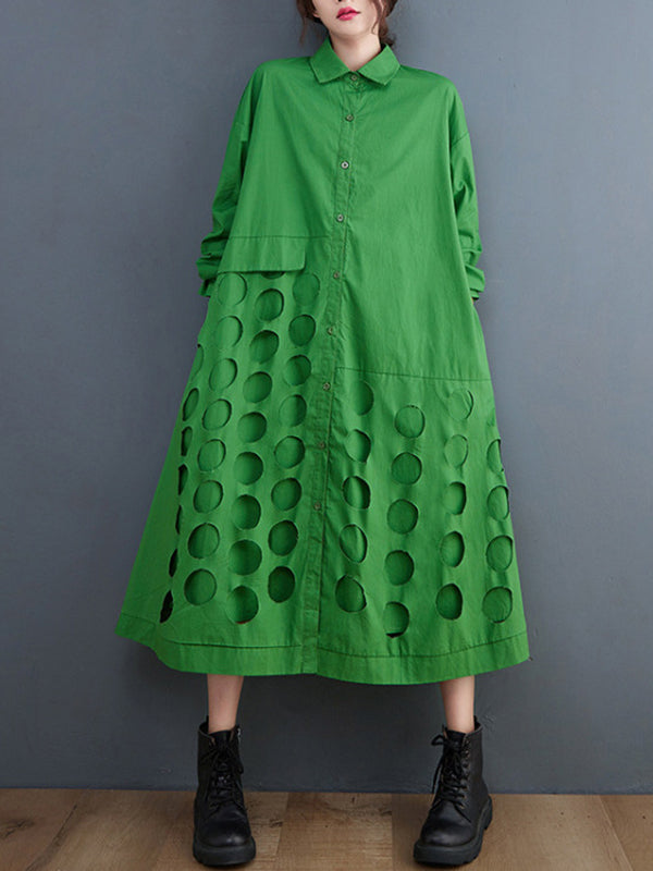 A-line Long Sleeves Asymmetric Hollow Polka-dot Color Lapel Midi Dresses