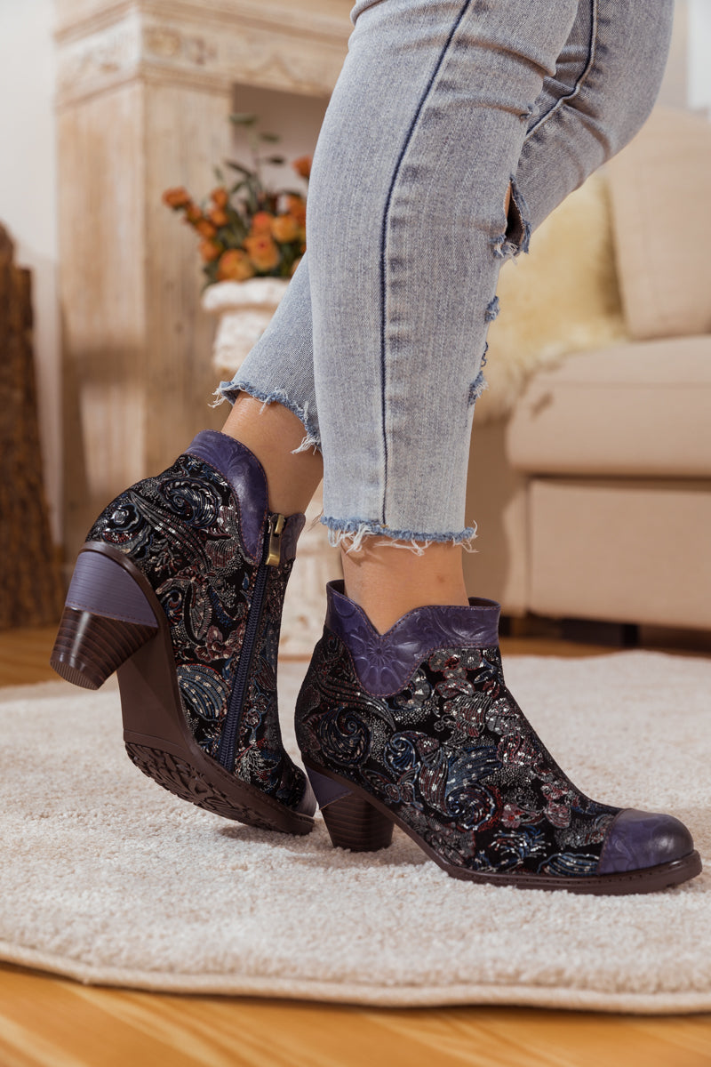 Soffia | Galaxy Paisley Embossed Leather Ankle Boot