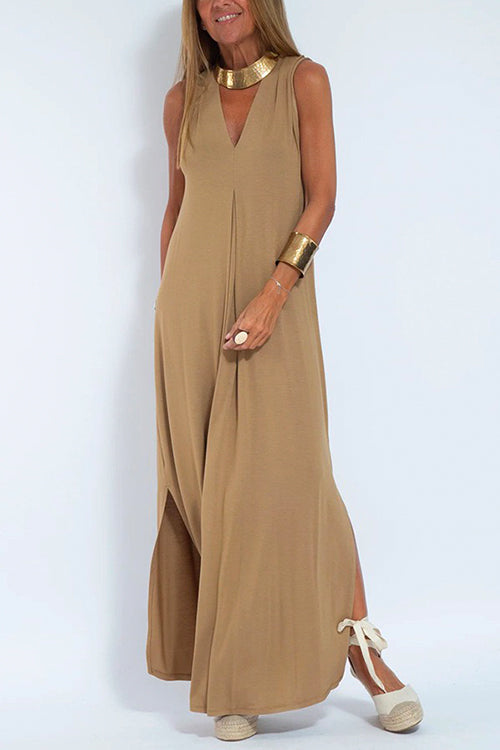 Sleeveless V Neck Side Split Maxi Dress