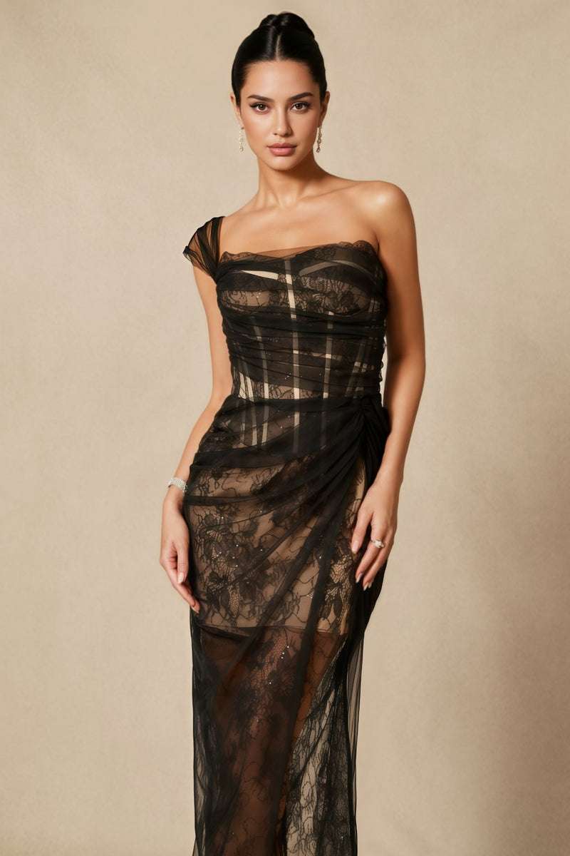 Ezgi One Shoulder Corset Lace Maxi Dress