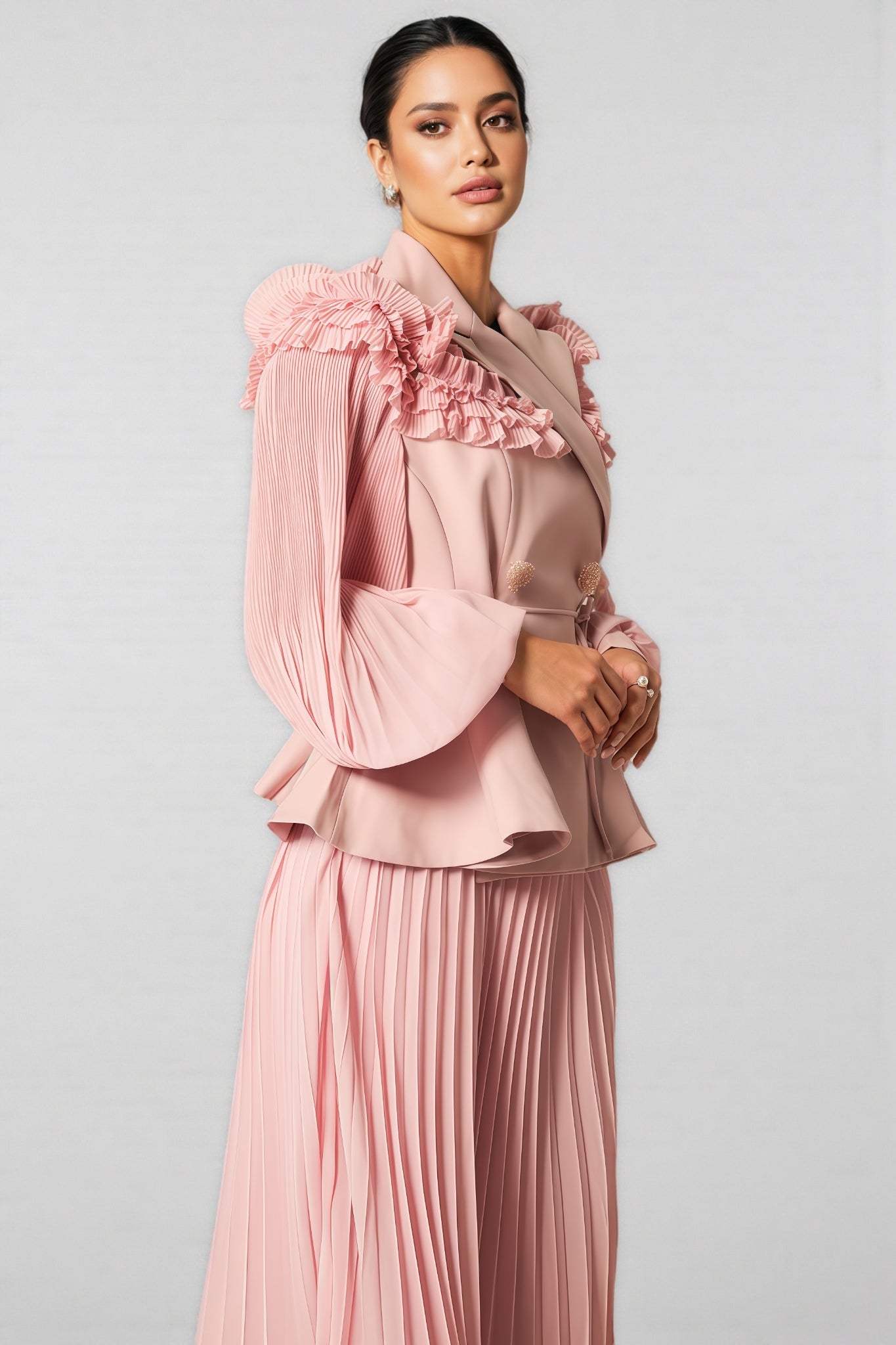 Sorel Double Breasted Pleated Maxi Dress Set