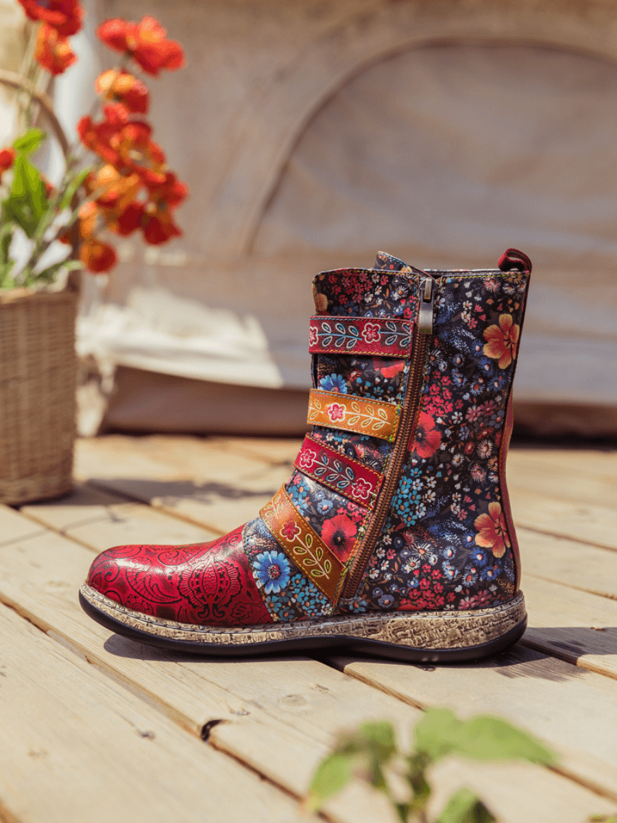 Soffia | Daisy Printed Straps Leather Ankle Boot