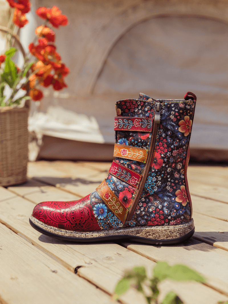 Soffia | Daisy Printed Straps Leather Ankle Boot