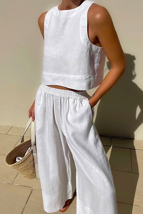 Moxidress Crewneck Crop Tank Top Elastic Waist Wide Leg Pants Set