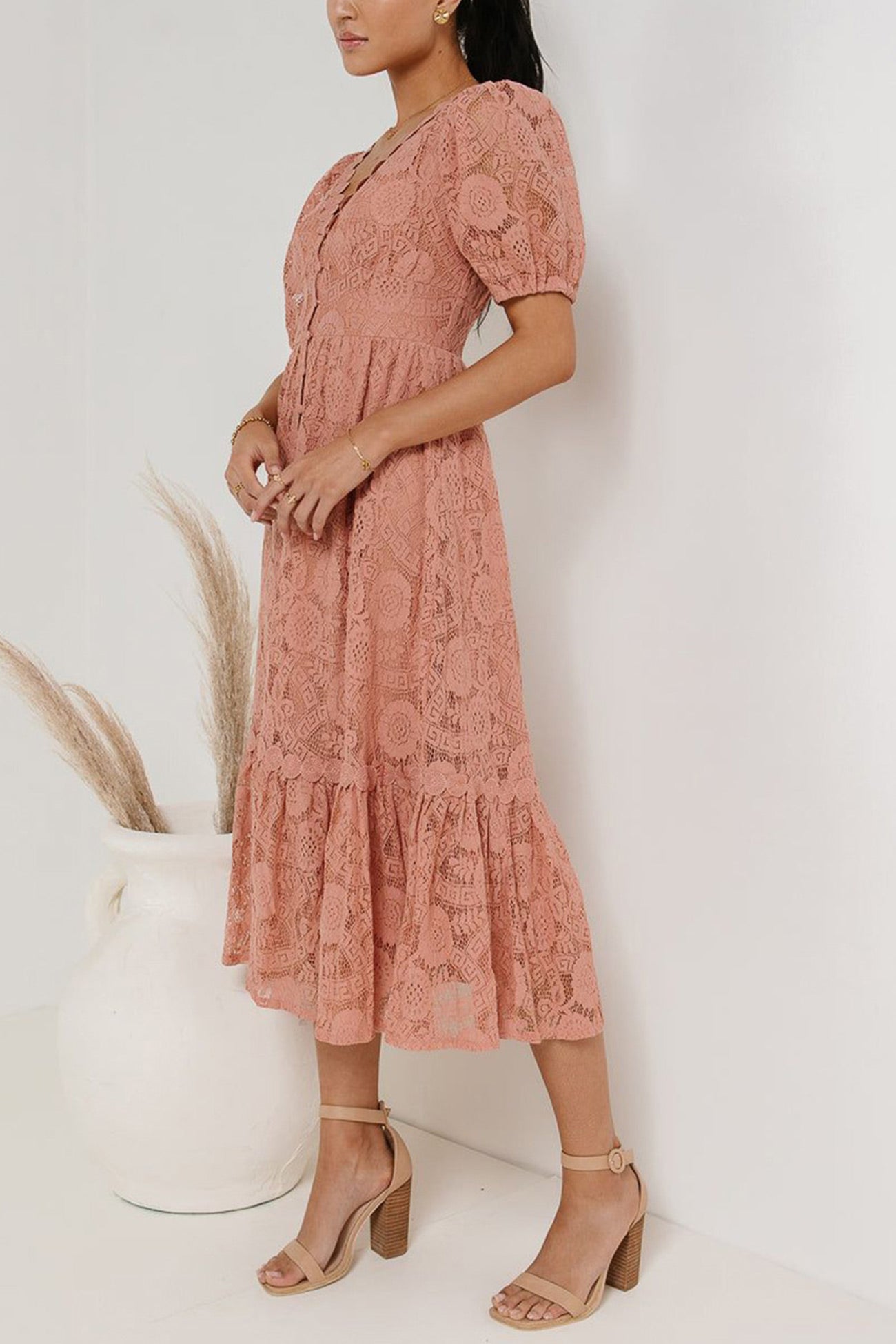Lace Single-breasted Midi Dress