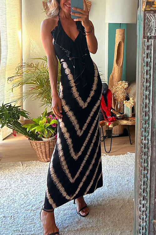 Halter V Neck Ruffle Drape Front Printed Maxi Dress