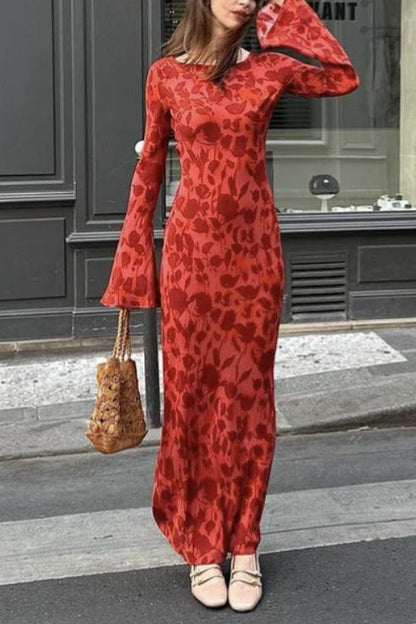 Moxidress Bell Long Sleeves Print Maxi Dress