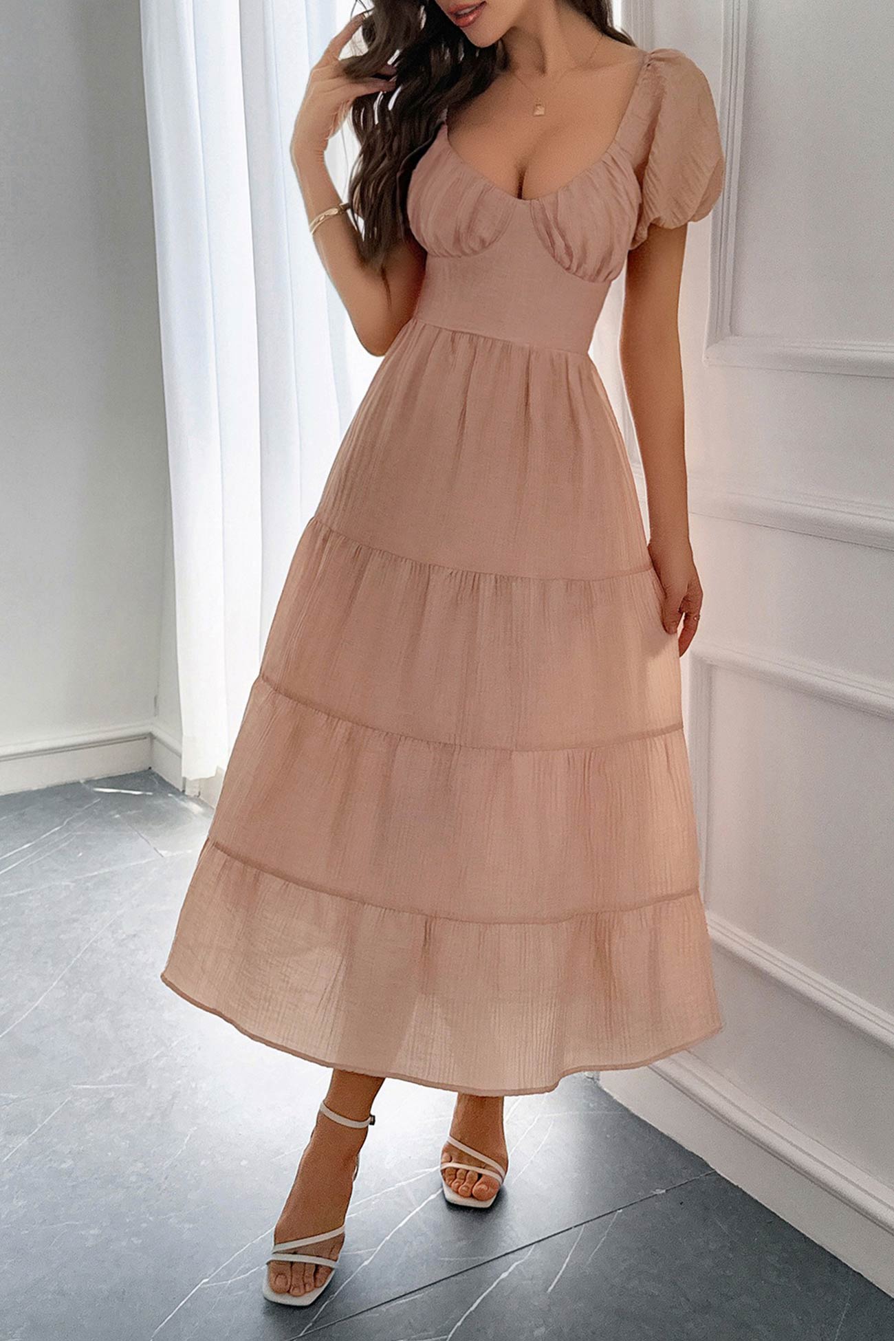 Low Cut Puff Sleeve Backless Tiered Dress