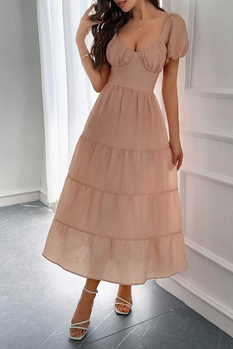 Low Cut Puff Sleeve Backless Tiered Dress