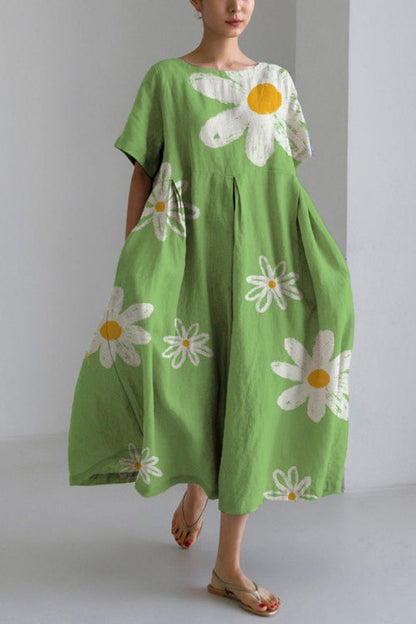 Printed Short Sleeves Pocketed A-line Midi Dress