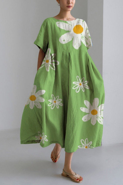 Printed Short Sleeves Pocketed A-line Midi Dress