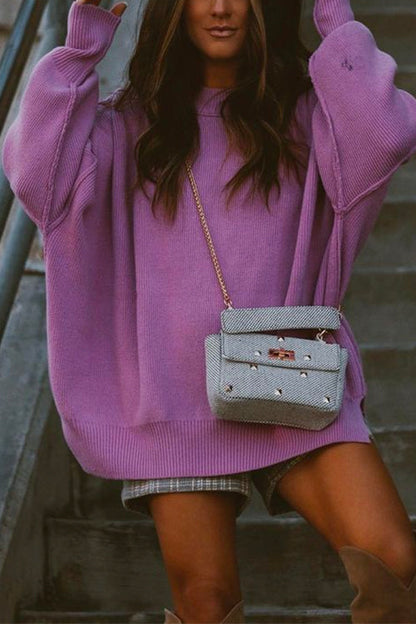 Crewneck Side Split Ribbed Knit Sweater