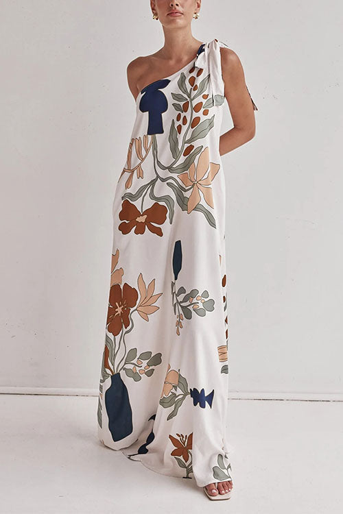 Moxidress Tie Knot One Shoulder Print Maxi Dress